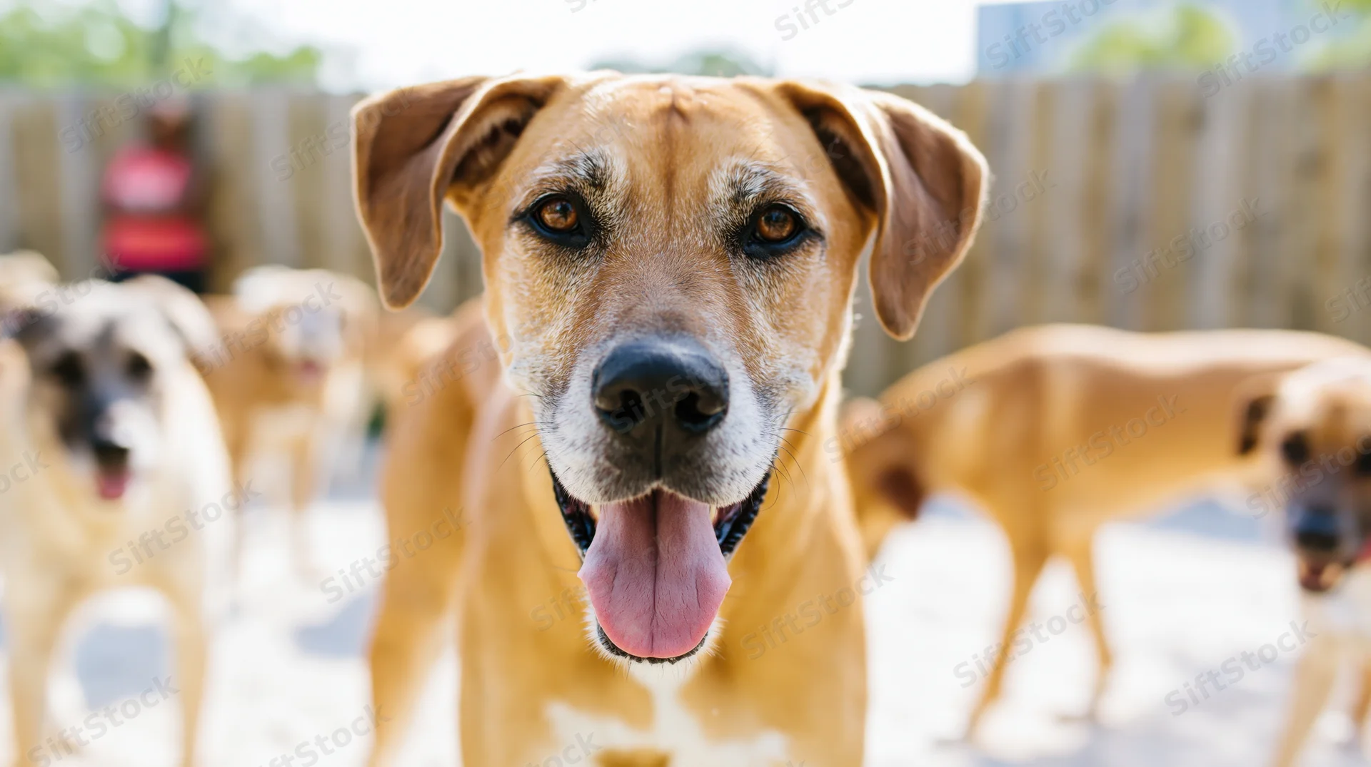Tan mixed-breed dog panting with tongue out in front of group of dogs in fenced yard