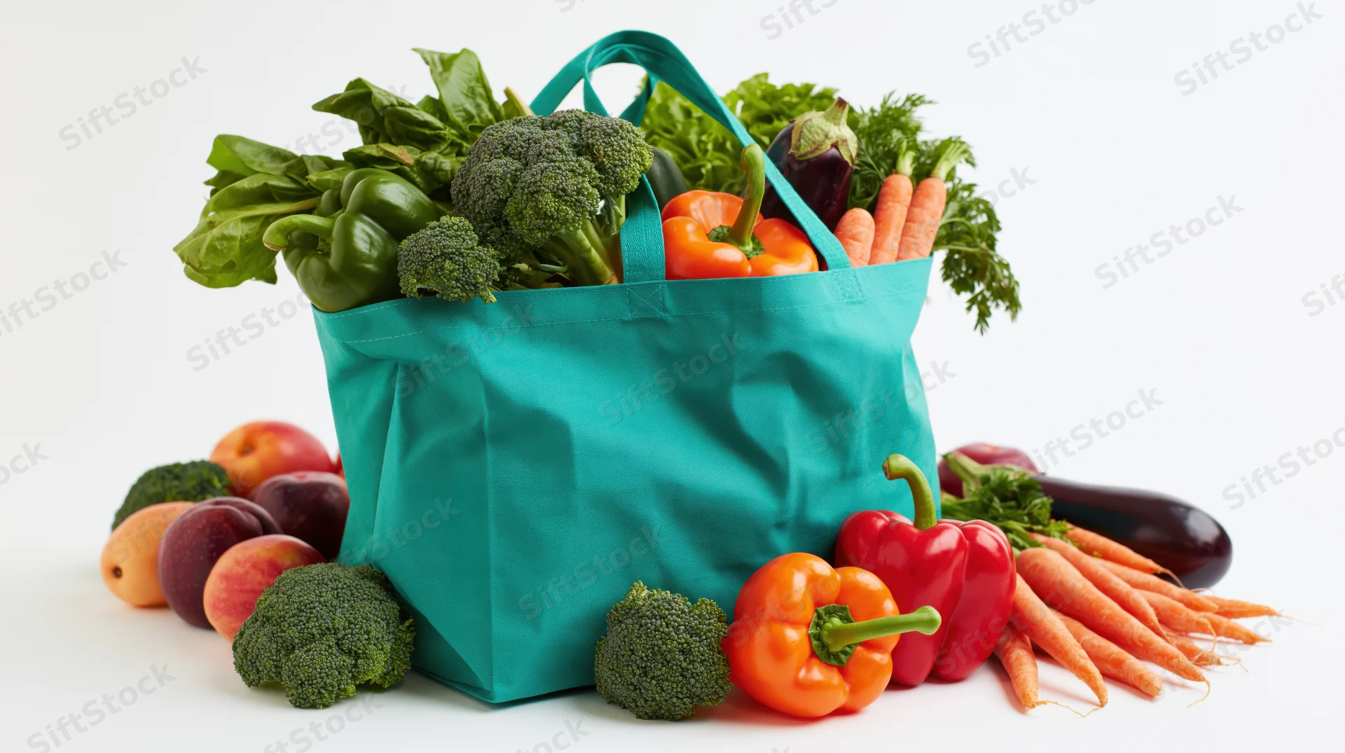 Teal reusable bag overflowing with fresh vegetables and fruits on white background