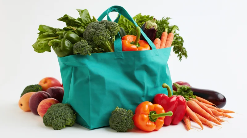 Teal reusable bag overflowing with fresh vegetables and fruits on white background