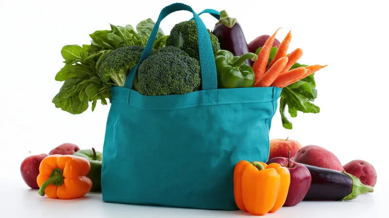 Teal reusable bag overflowing with fresh vegetables and fruits on white background