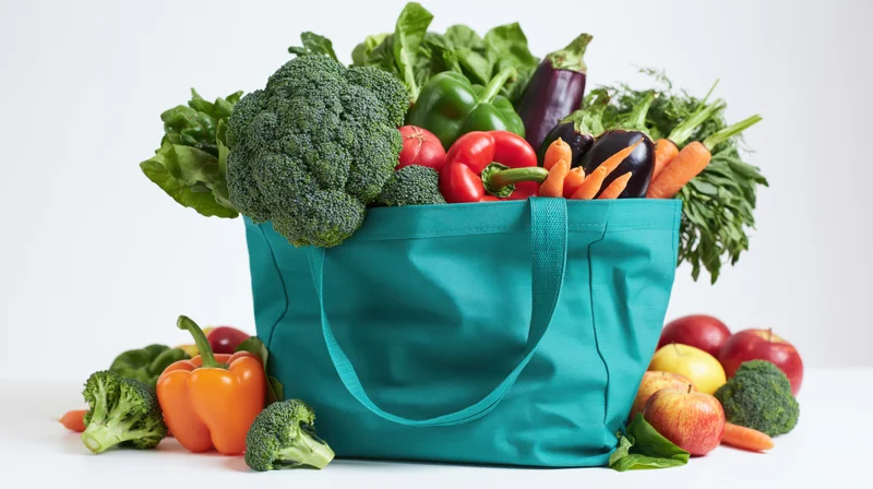 Teal reusable bag overflowing with fresh vegetables and fruits on white surface