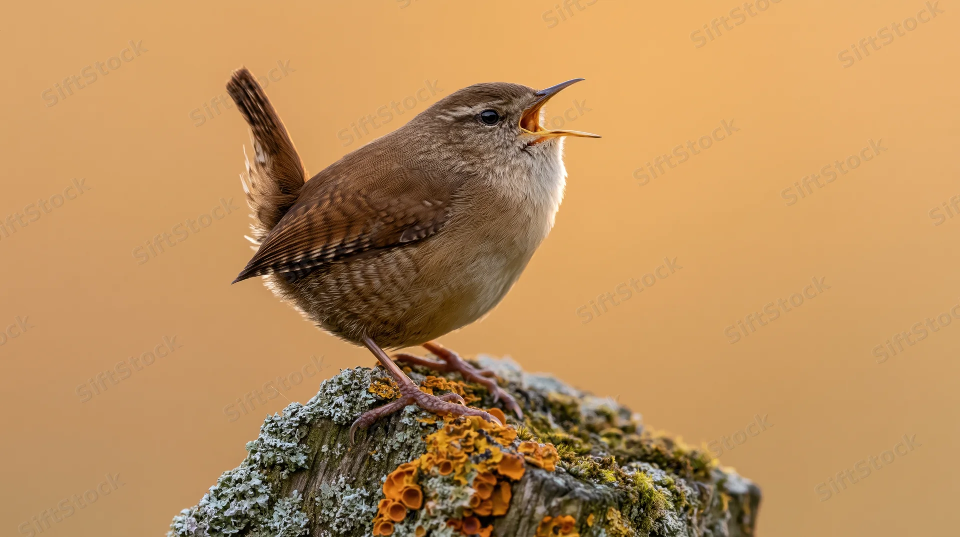 Wren singing with beak open perched on moss-covered wooden post