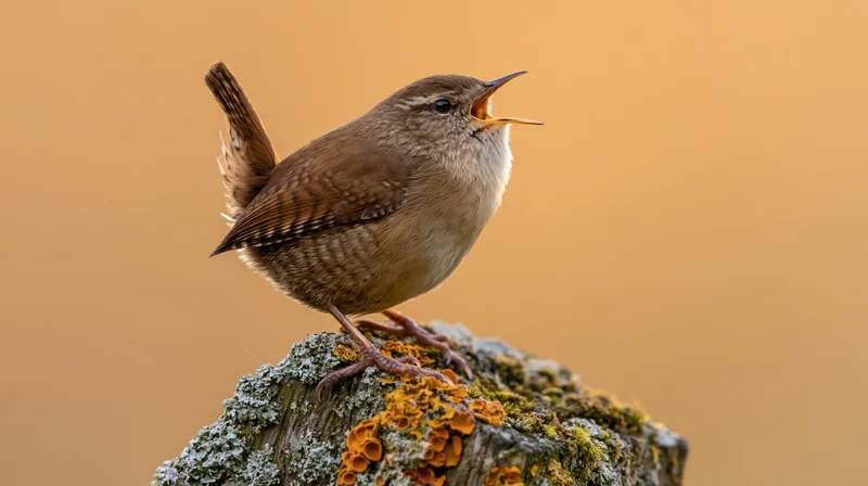 Wren singing with beak open perched on moss-covered wooden post