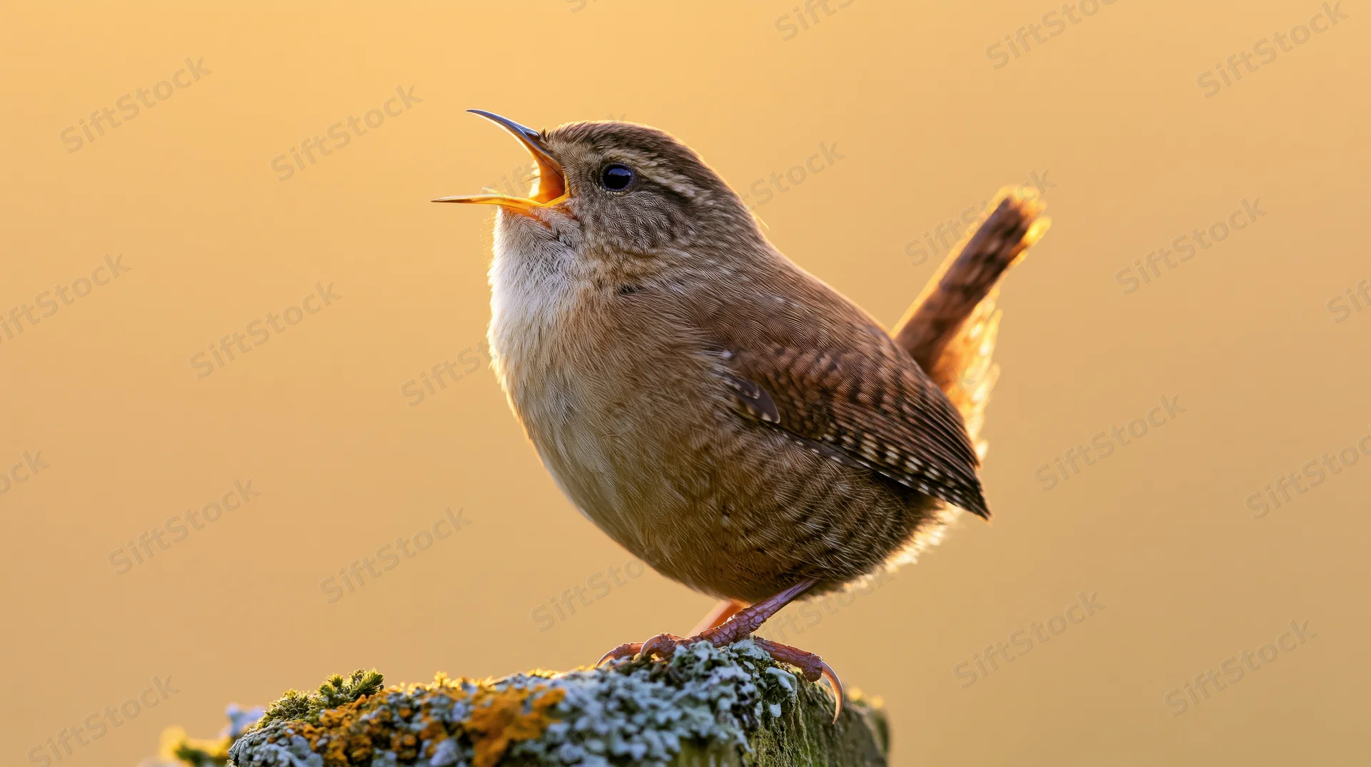 Wren singing with beak open perched on moss-covered wooden post in warm golden light