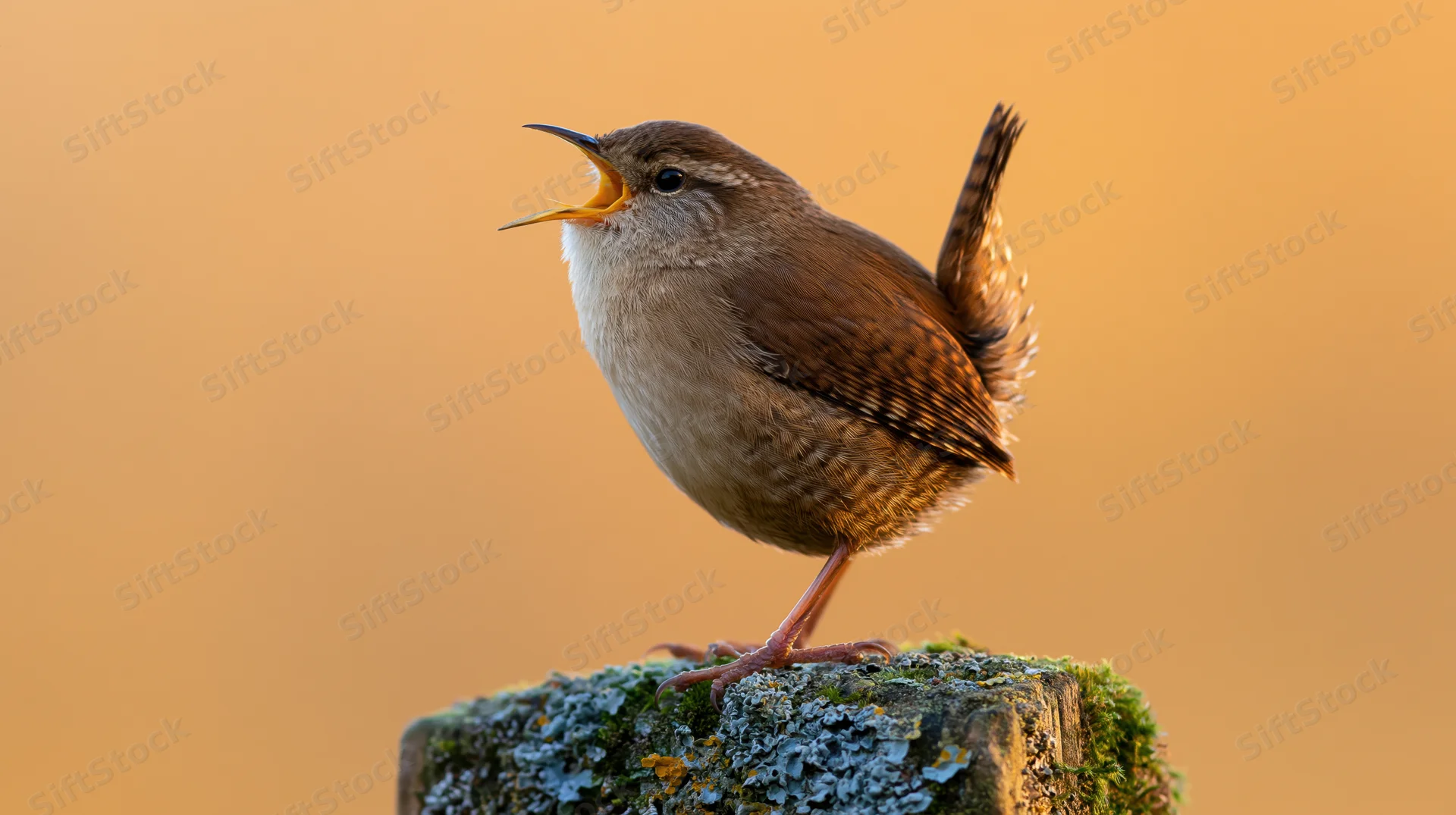 Wren singing with beak open perched on moss-covered wooden post
