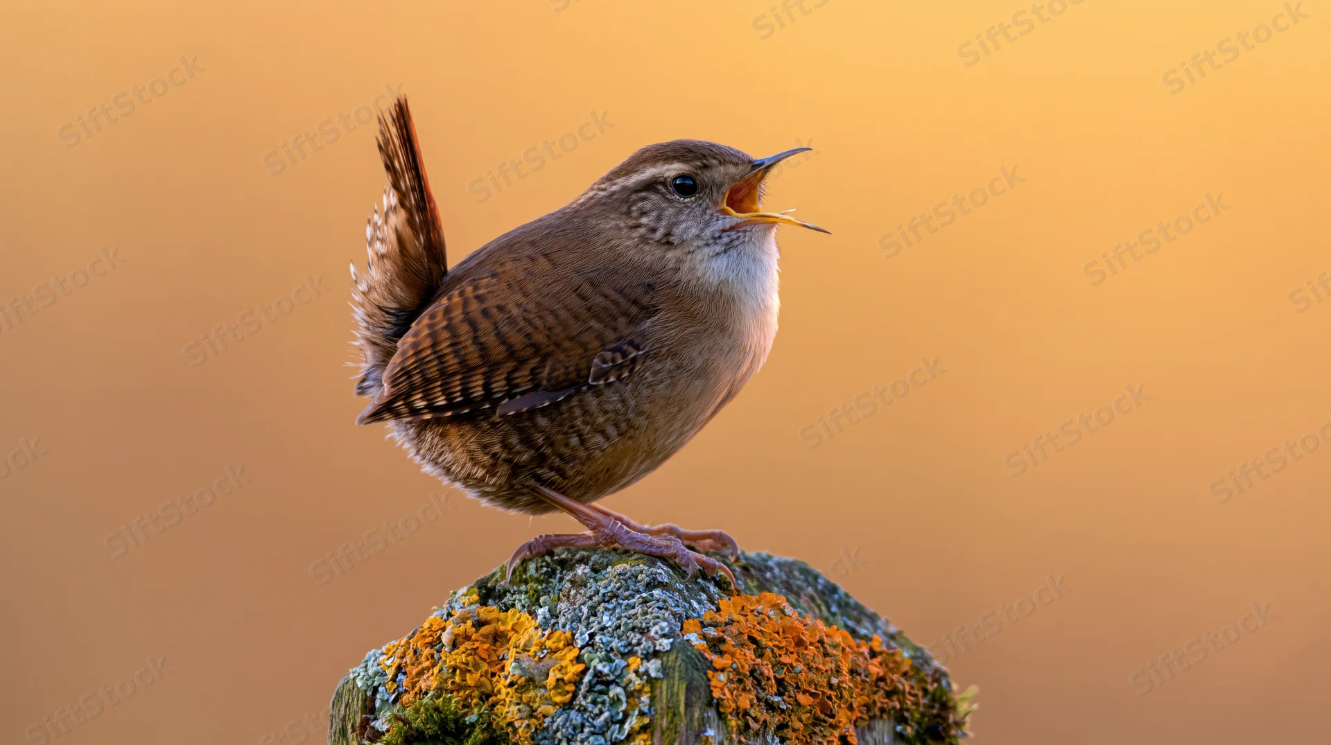 Wren singing with beak open perched on moss-covered wooden post