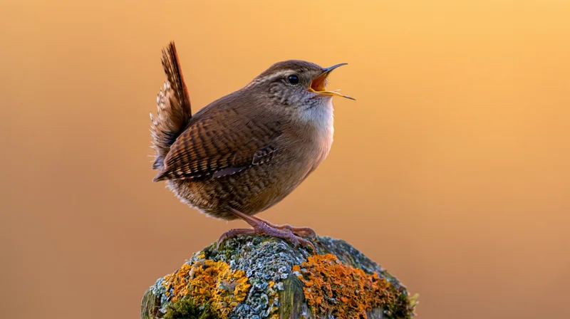 Wren singing with beak open perched on moss-covered wooden post