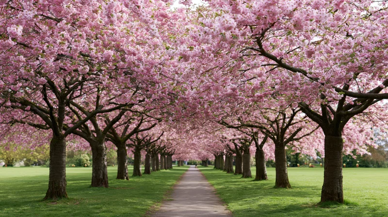 Cherry blossom trees lining a park pathway in spring, forming a floral canopy over green grass