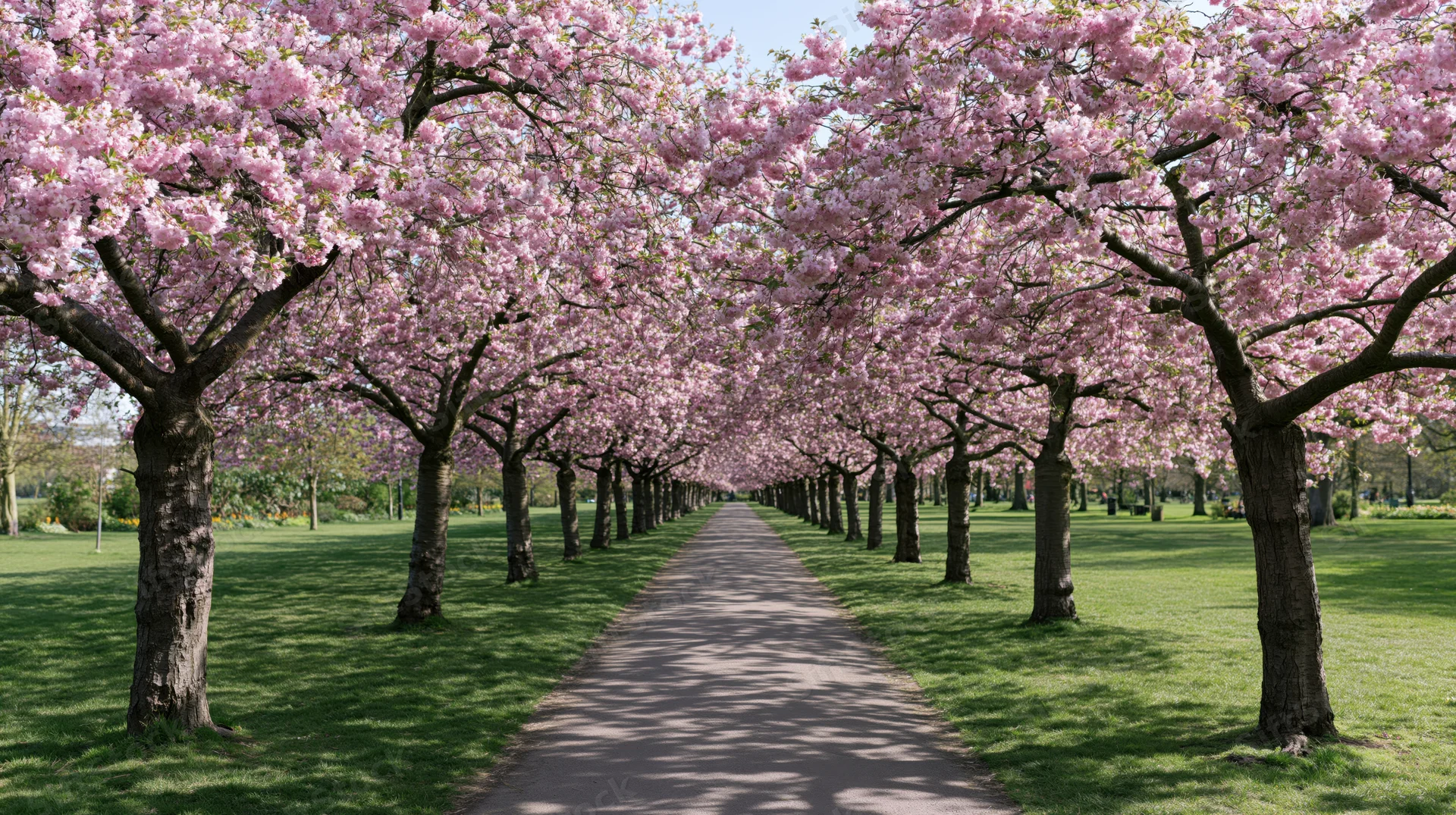 Cherry blossom trees lining a park pathway in spring