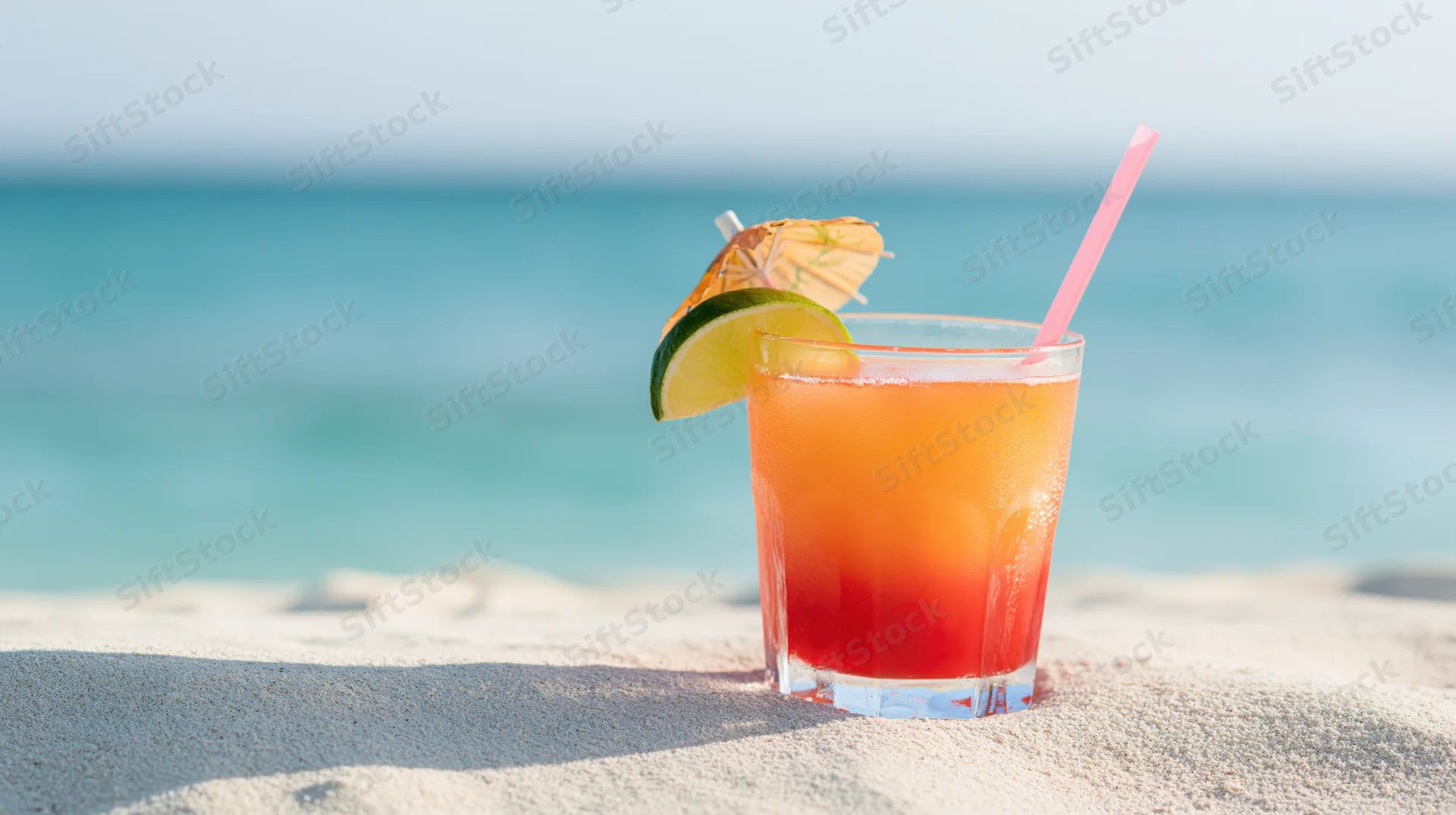 Tropical cocktail in a short glass with lime and umbrella on white sand by the ocean