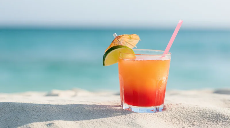 Tropical cocktail in a short glass with lime and umbrella on white sand by the ocean