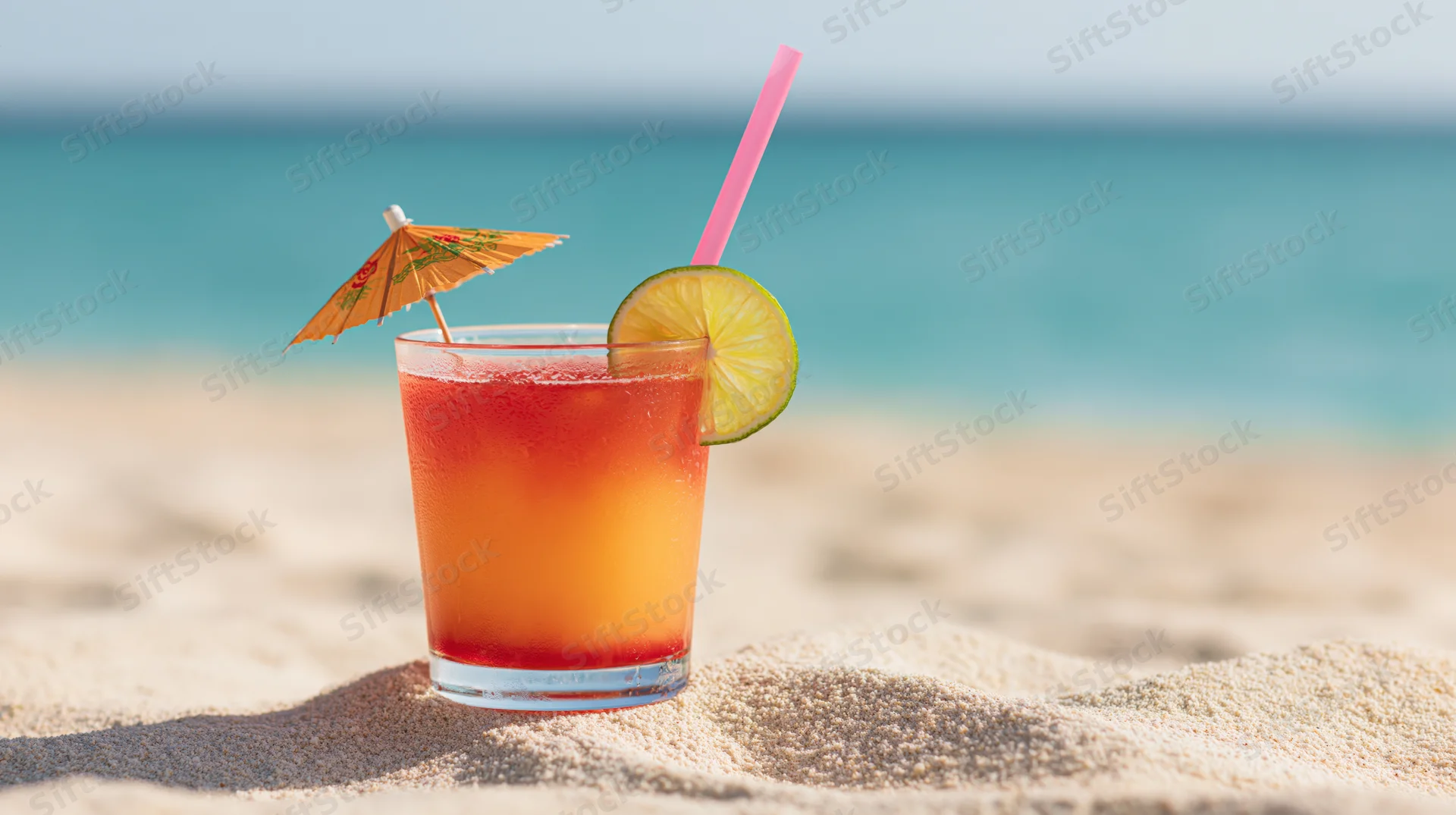 Tropical cocktail in a short glass with lime and umbrella on white sand beach
