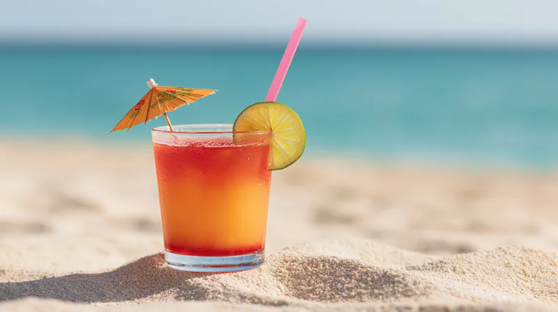 Tropical cocktail in a short glass with lime and umbrella on white sand beach