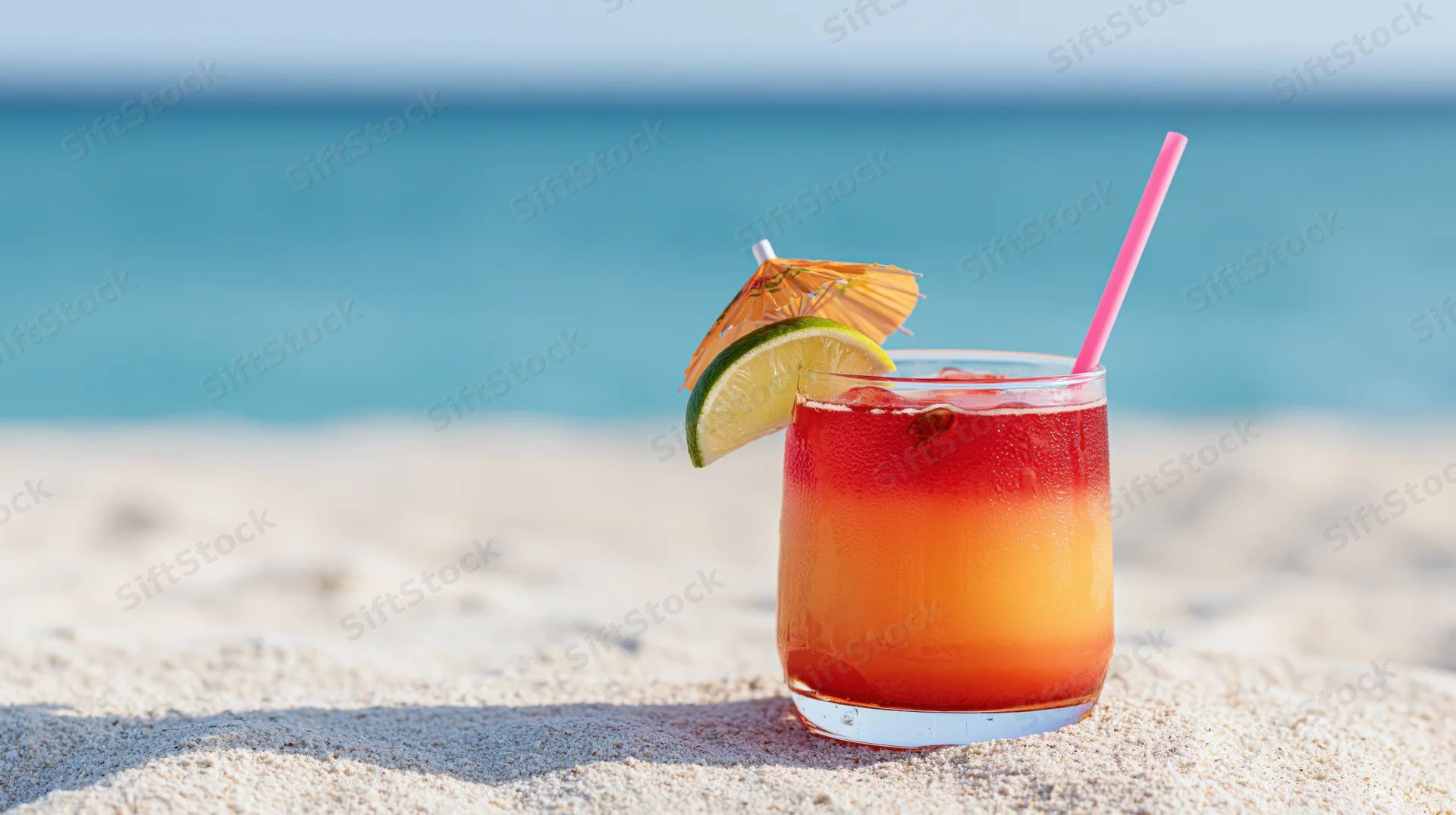 Tropical cocktail in a short glass with lime and umbrella garnish on white sand by ocean