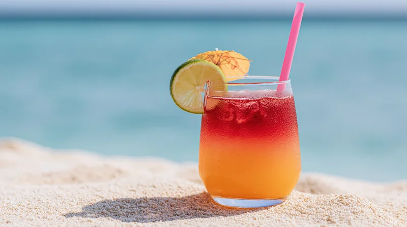Tropical cocktail in a short glass with lime and umbrella garnish on white sand by the ocean