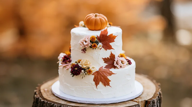Two-tier white buttercream wedding cake decorated with autumn leaves, flowers and a pumpkin on a tree stump outdoors