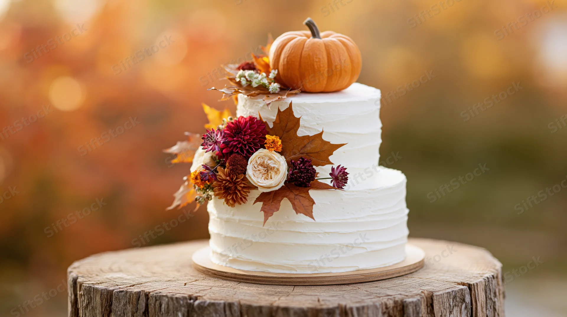 Two-tier white buttercream cake decorated with autumn flowers and a pumpkin on a tree stump outdoors