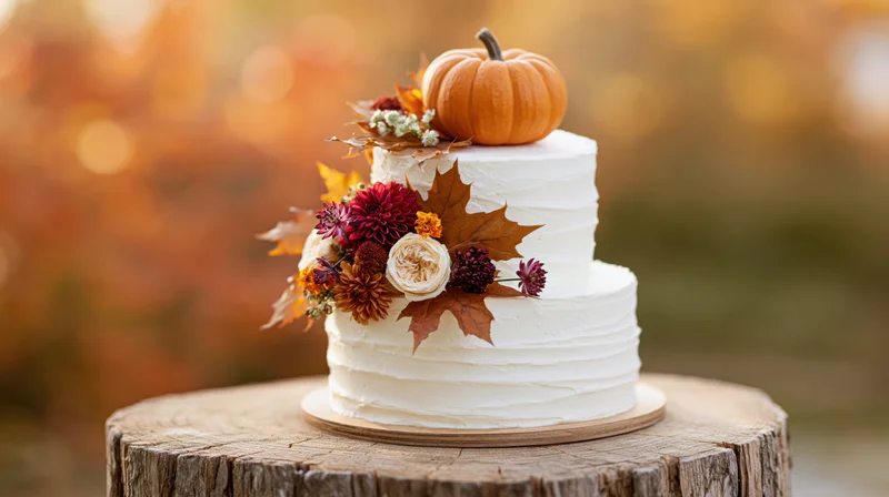 Two-tier white buttercream cake decorated with autumn flowers and a pumpkin on a tree stump outdoors
