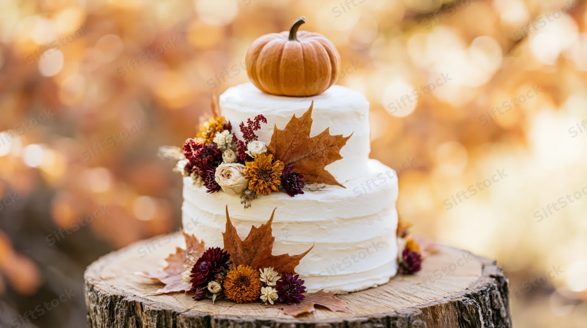 Two-tier white buttercream cake decorated with autumn flowers and leaves on a wooden stump outdoors