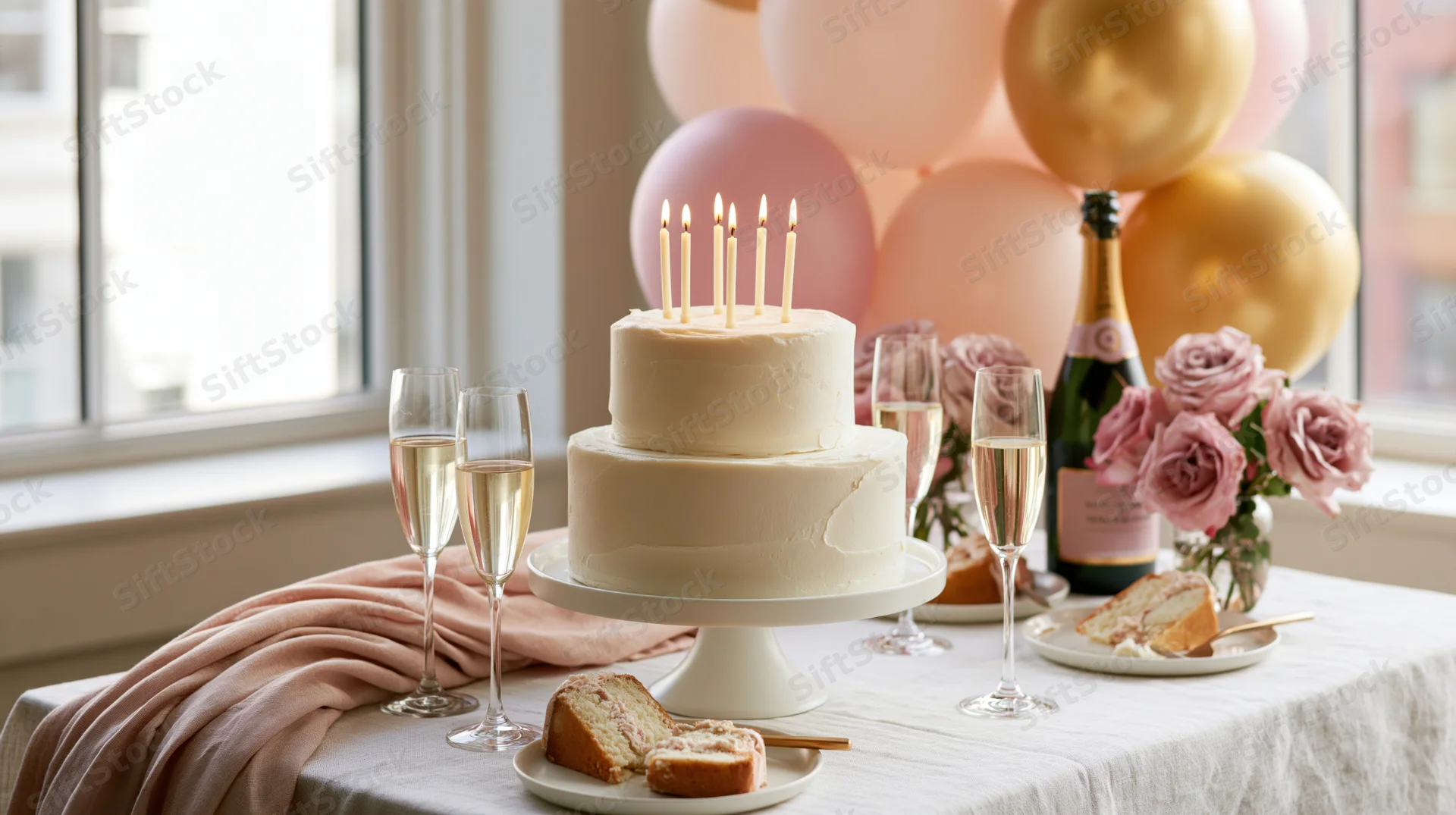 Two-tier white frosted birthday cake with lit candles on a table set with champagne flutes, balloons, and roses near a window