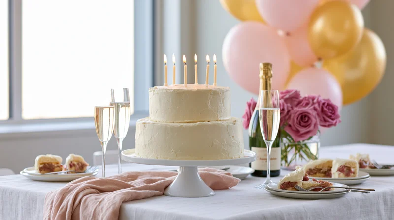 Two-tier white frosted birthday cake with lit candles on a table set with champagne flutes, balloons, and roses