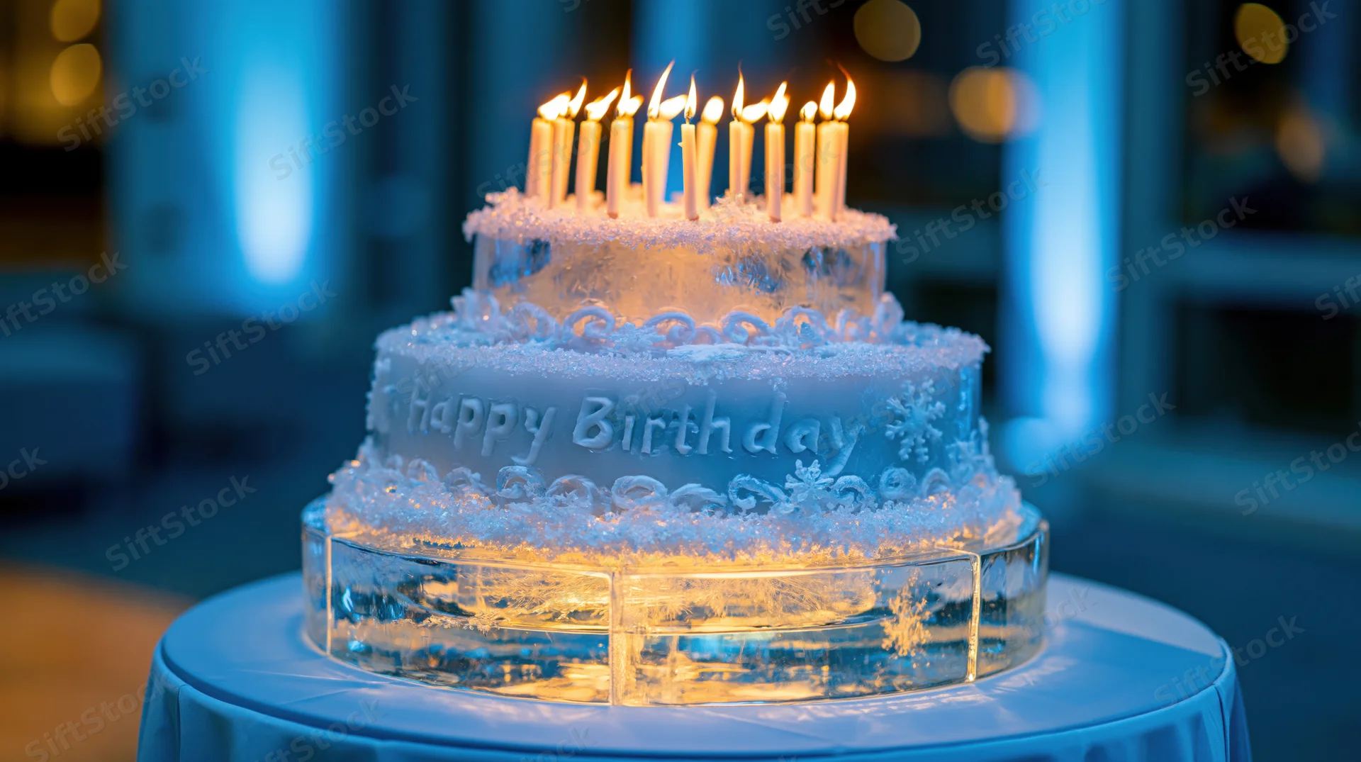 Two-tiered ice sculpture shaped like a birthday cake with lit candles on a table under blue ambient light
