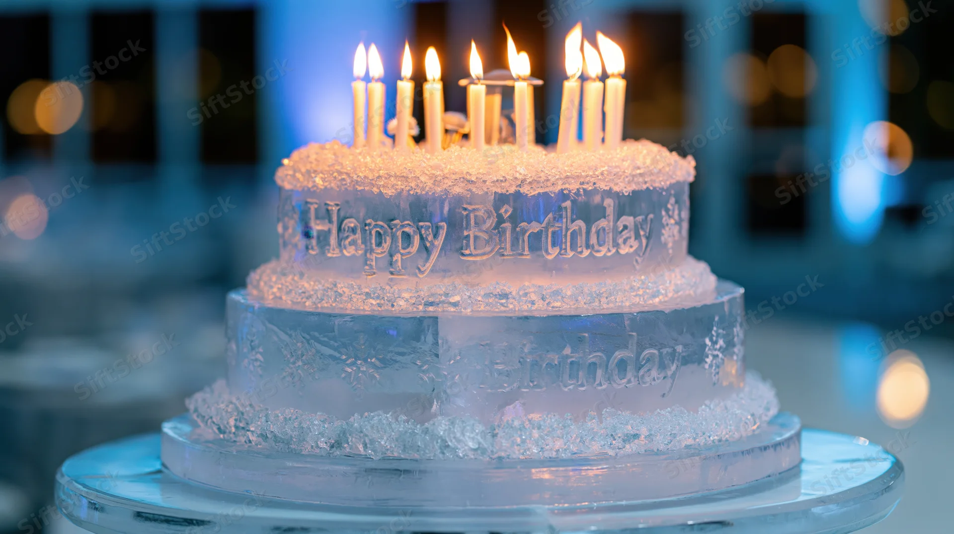 Two-tiered ice sculpture shaped like a birthday cake with lit candles on a glass stand