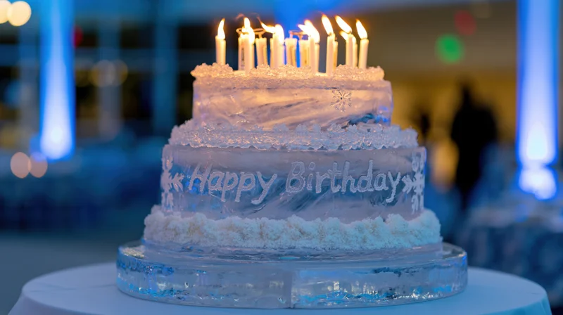 Two-tiered ice sculpture shaped like a birthday cake with lit candles on a table at a festive event