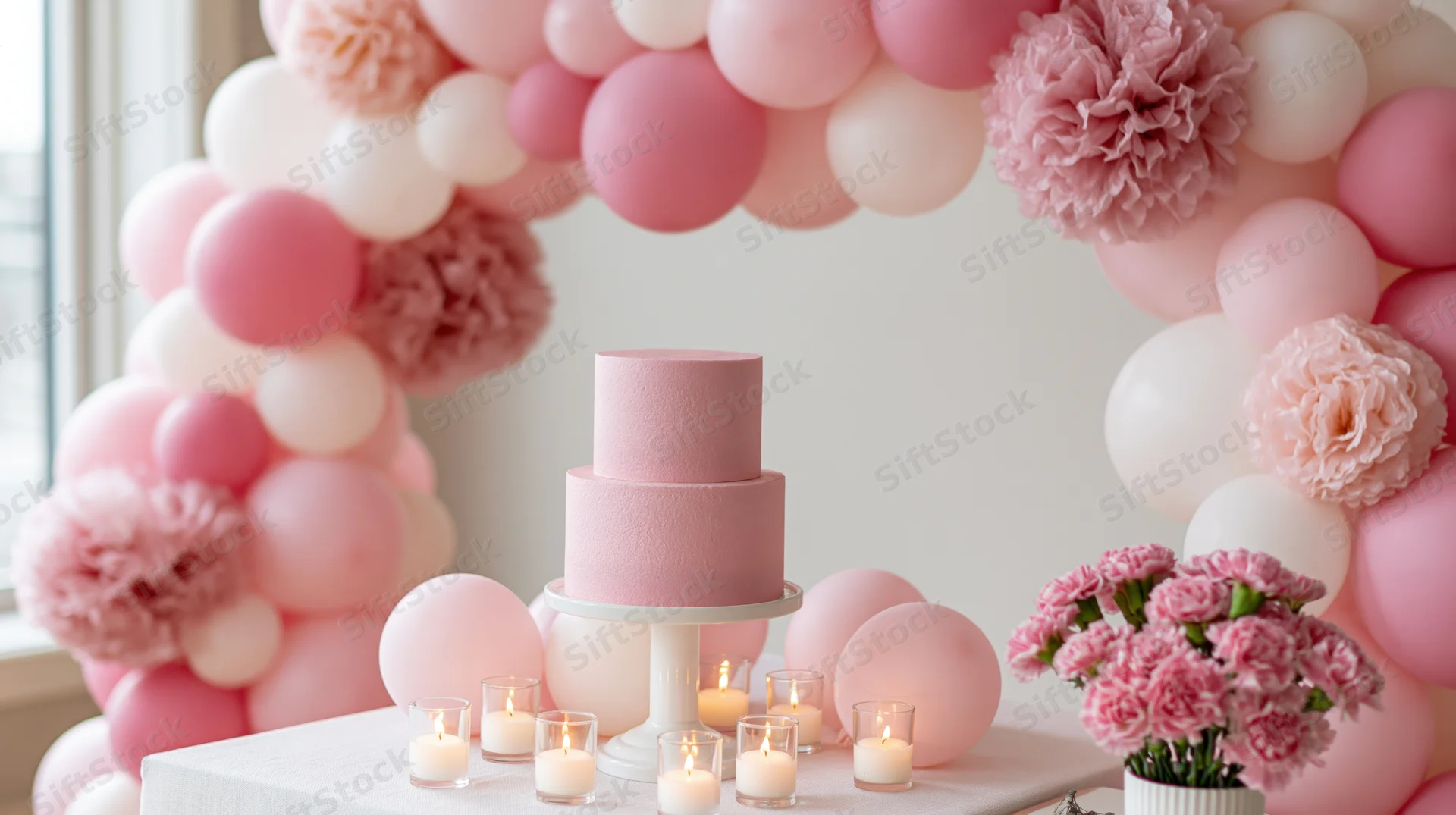 Two-tiered pink cake on white pedestal surrounded by balloons and flowers on a decorated table