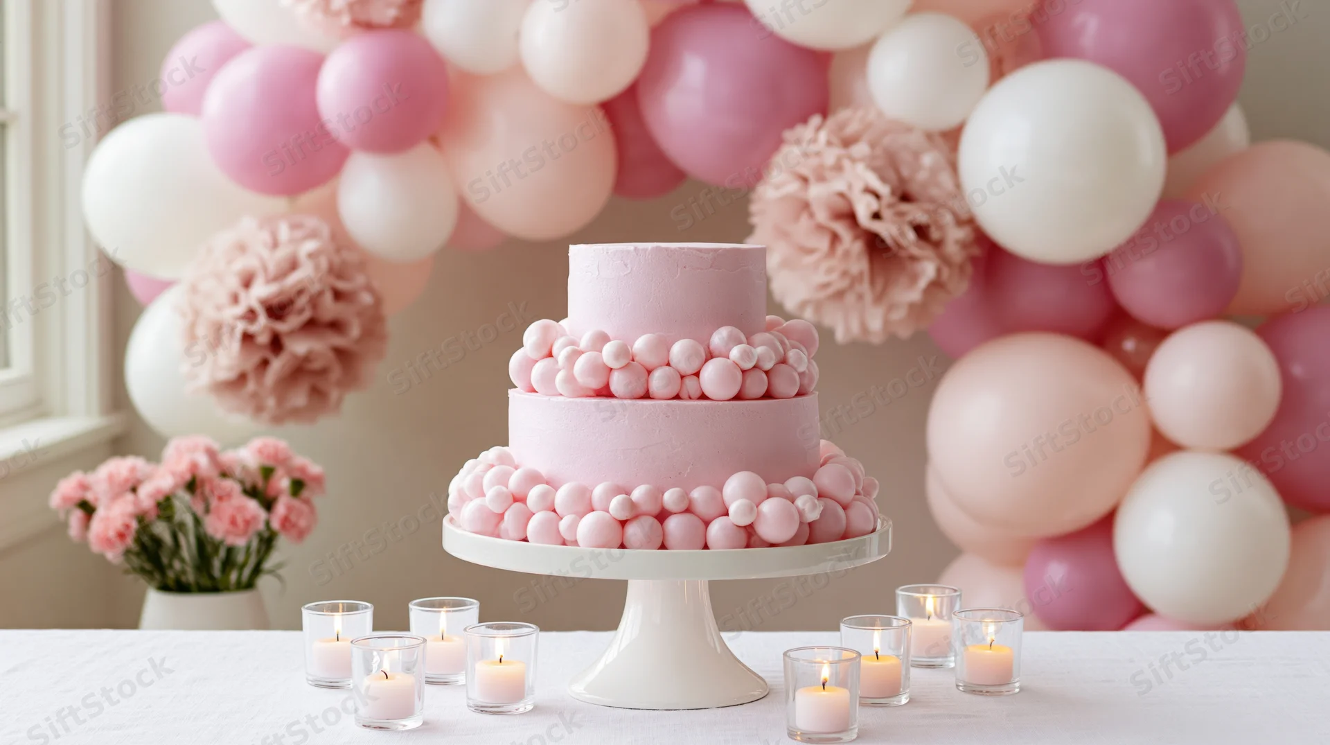Two-tiered pink cake on white pedestal stand surrounded by balloons and candles on a decorated table