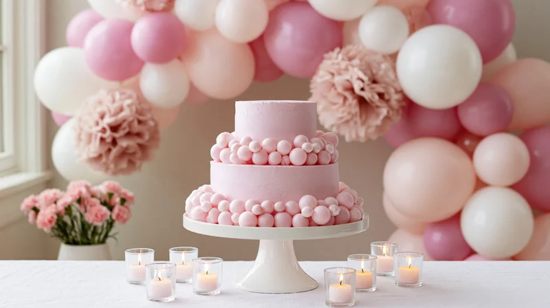 Two-tiered pink cake on white pedestal stand surrounded by balloons and candles on a decorated table