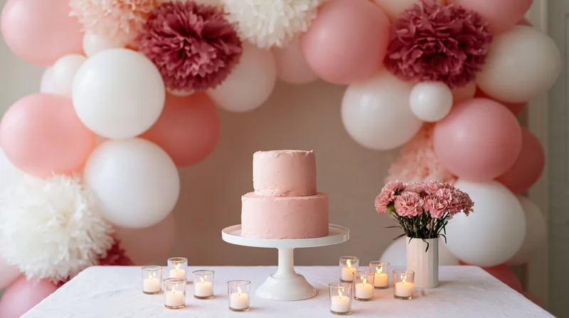 Two-tiered pink cake on white pedestal stand surrounded by candles and flowers on a table with balloon garland backdrop