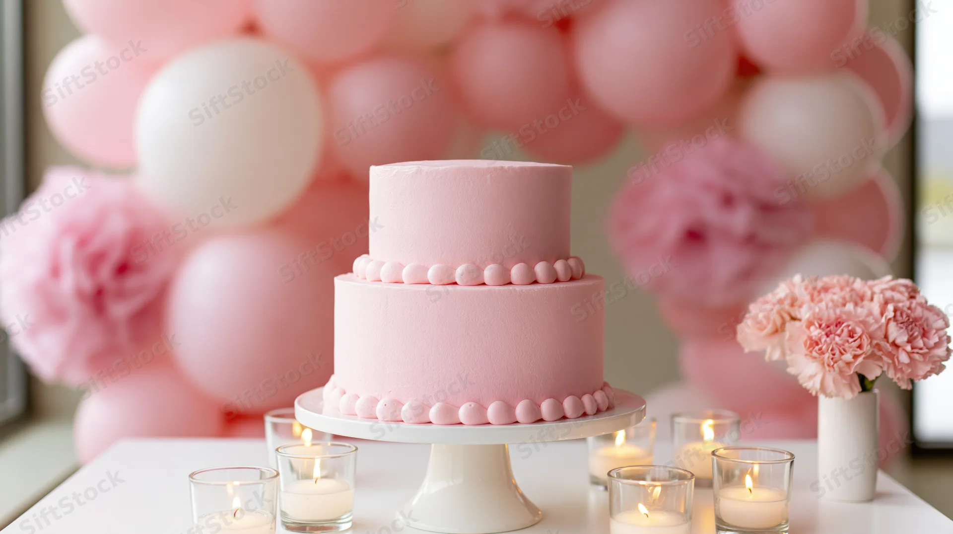 Two-tiered pink celebration cake on white pedestal stand surrounded by candles and flowers with balloon garland backdrop