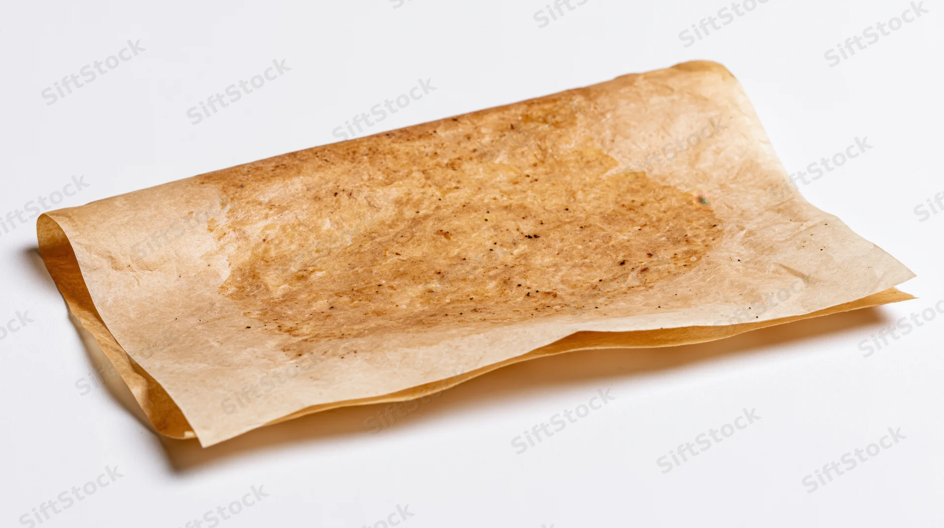Used crinkled brown parchment paper with grease stains lying on white surface