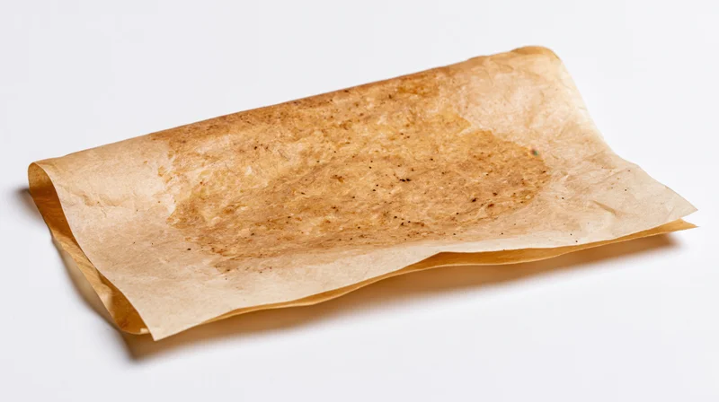 Used crinkled brown parchment paper with grease stains lying on white surface