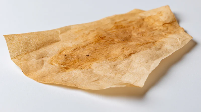 Used crumpled brown parchment paper lying on white surface