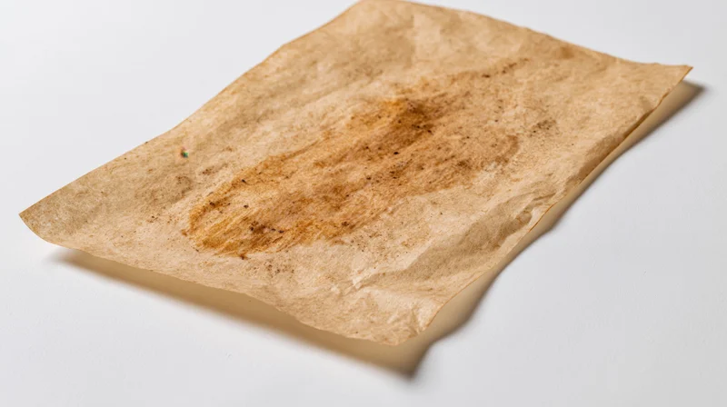 Crumpled used parchment baking paper with grease stain on white surface