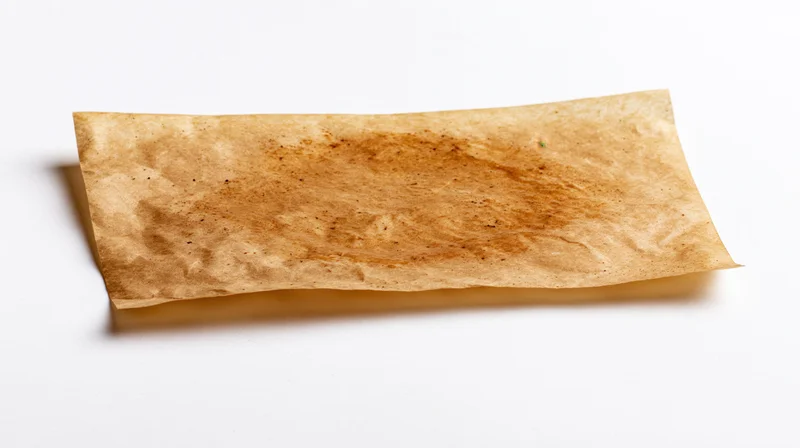 Used crinkled brown parchment baking paper lying flat on white surface