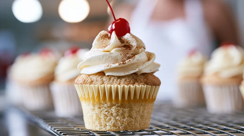 Vanilla cupcake with cream frosting and cherry on top on cooling rack