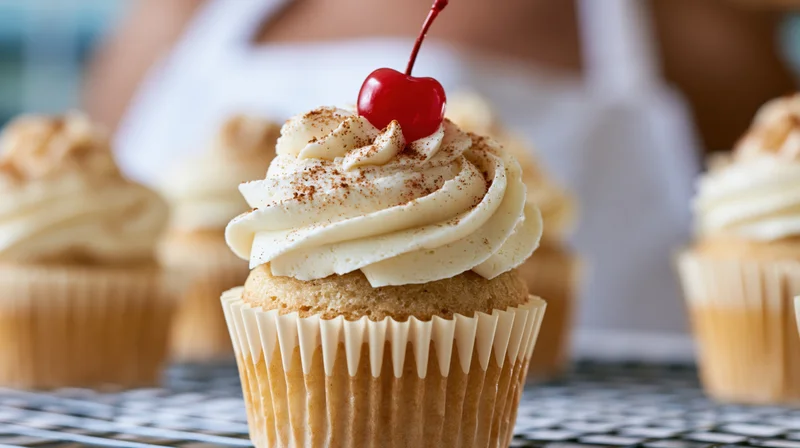 Vanilla cupcake with cream frosting and cherry on top on wire rack