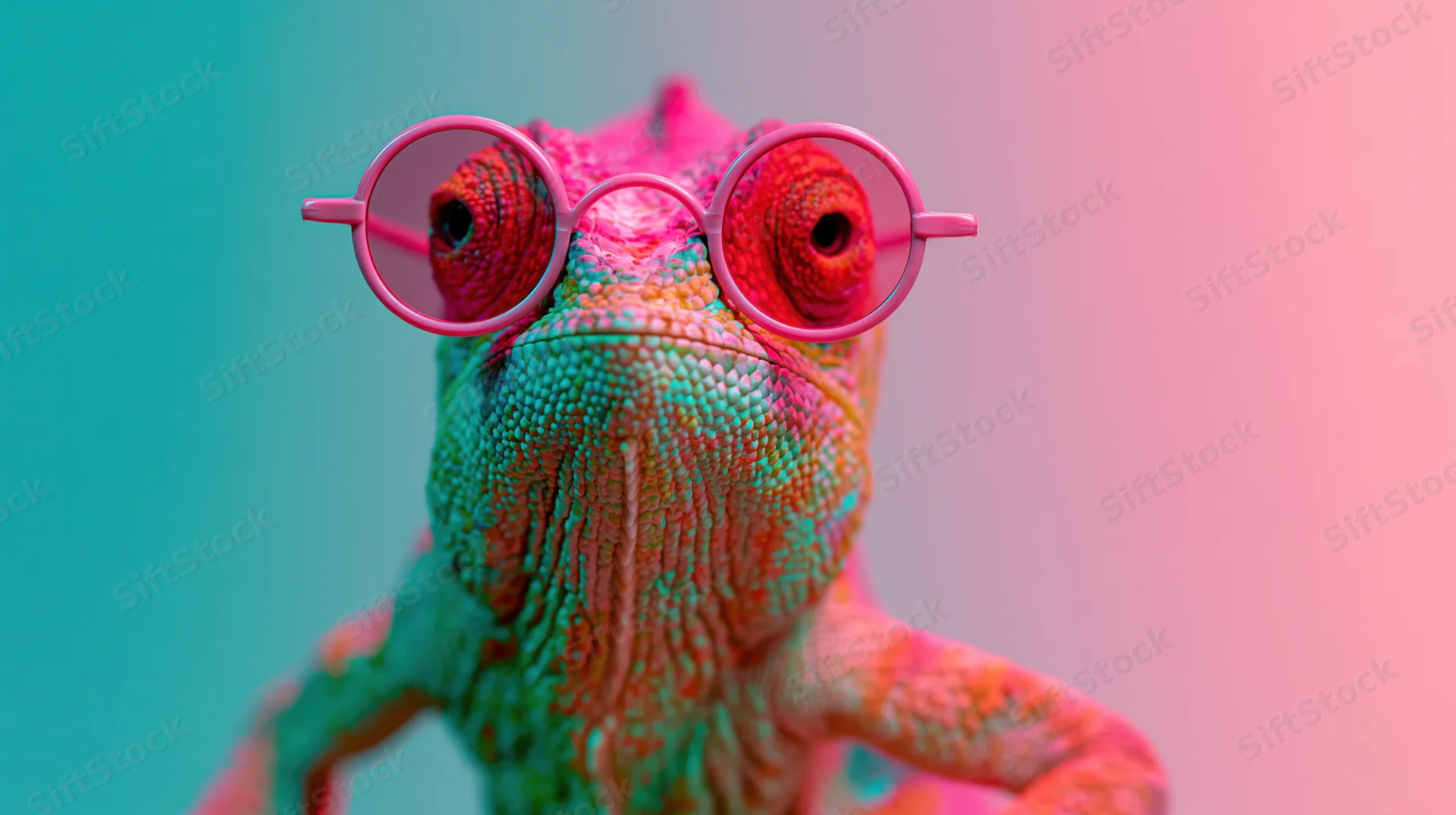 Veiled chameleon wearing pink round sunglasses in a colorful gradient background