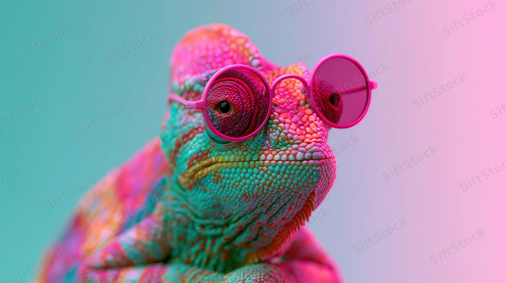 Colorful chameleon wearing pink round sunglasses against a teal to pink gradient background