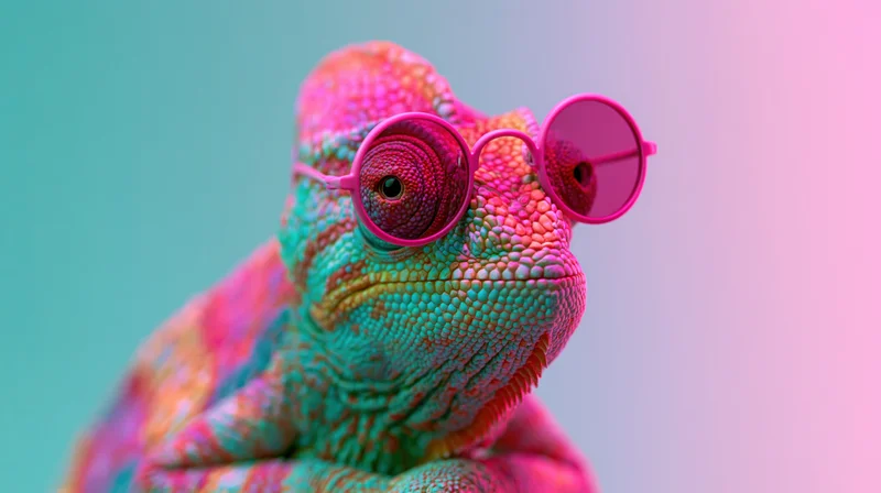 Colorful chameleon wearing pink round sunglasses against a teal to pink gradient background