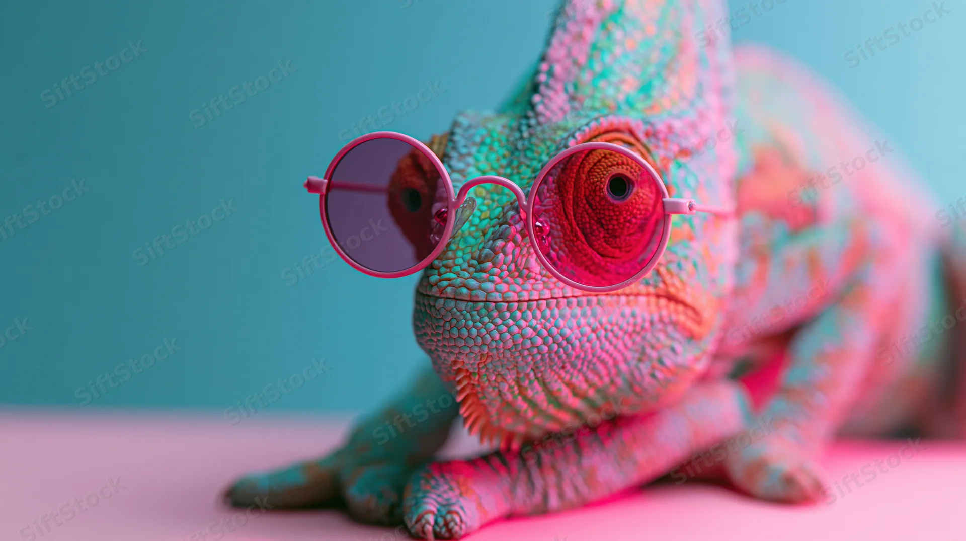 Veiled chameleon wearing small round pink-framed sunglasses on a pink surface against a blue background
