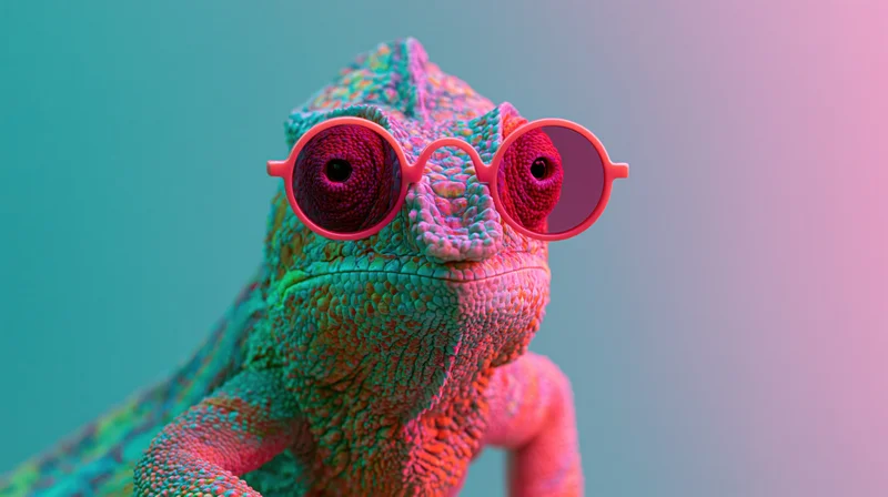 Veiled chameleon wearing small round pink-framed sunglasses in studio lighting with gradient background