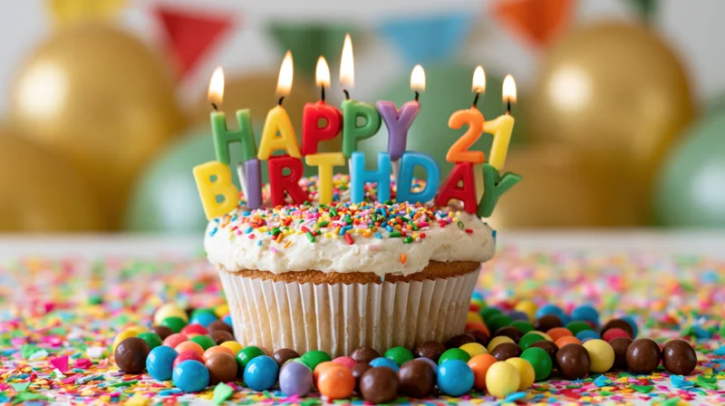 White-frosted cupcake with lit candles spelling happy birthday 21 surrounded by colorful sprinkles and candies on a festive table with balloons in the background