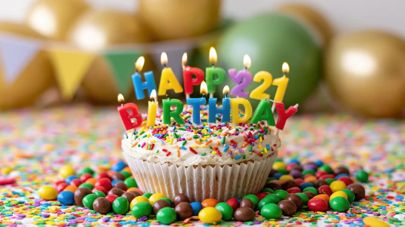 White-frosted cupcake with rainbow sprinkles and lit candles spelling happy 21 birthday surrounded by colorful candies and confetti on a festive table