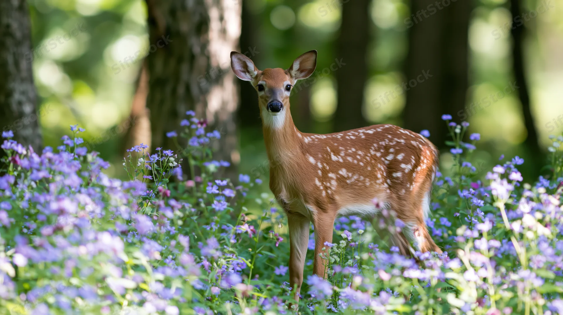 White-tailed fawn standing alert among purple wildflowers in a sunlit forest meadow