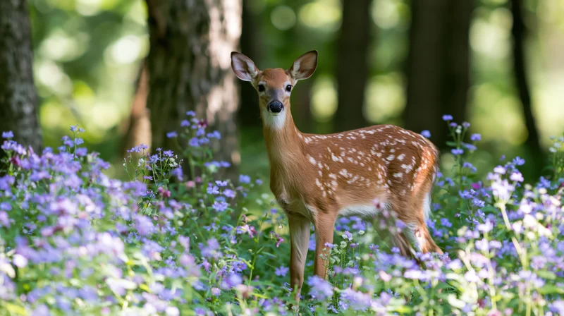 White-tailed fawn standing alert among purple wildflowers in a sunlit forest meadow