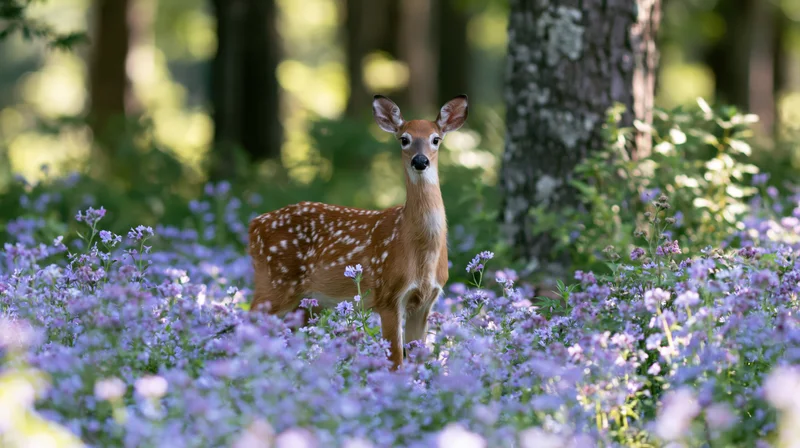 White-tailed fawn standing alert among purple wildflowers in a sunlit forest meadow
